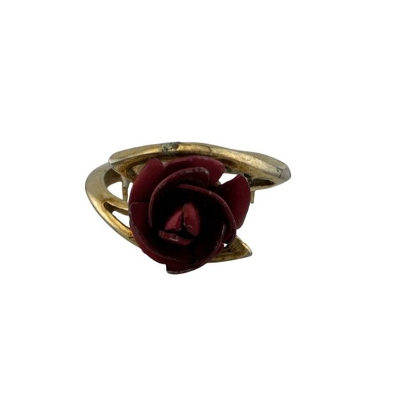 Women's Beautiful Gold Tone Red Rose Flower Ring - Picture 1 of 15